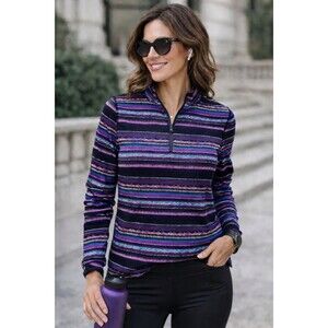 Chaps Sport Women’s 1/4 Zip Pullover Purple Blue Striped Athletic Top Large